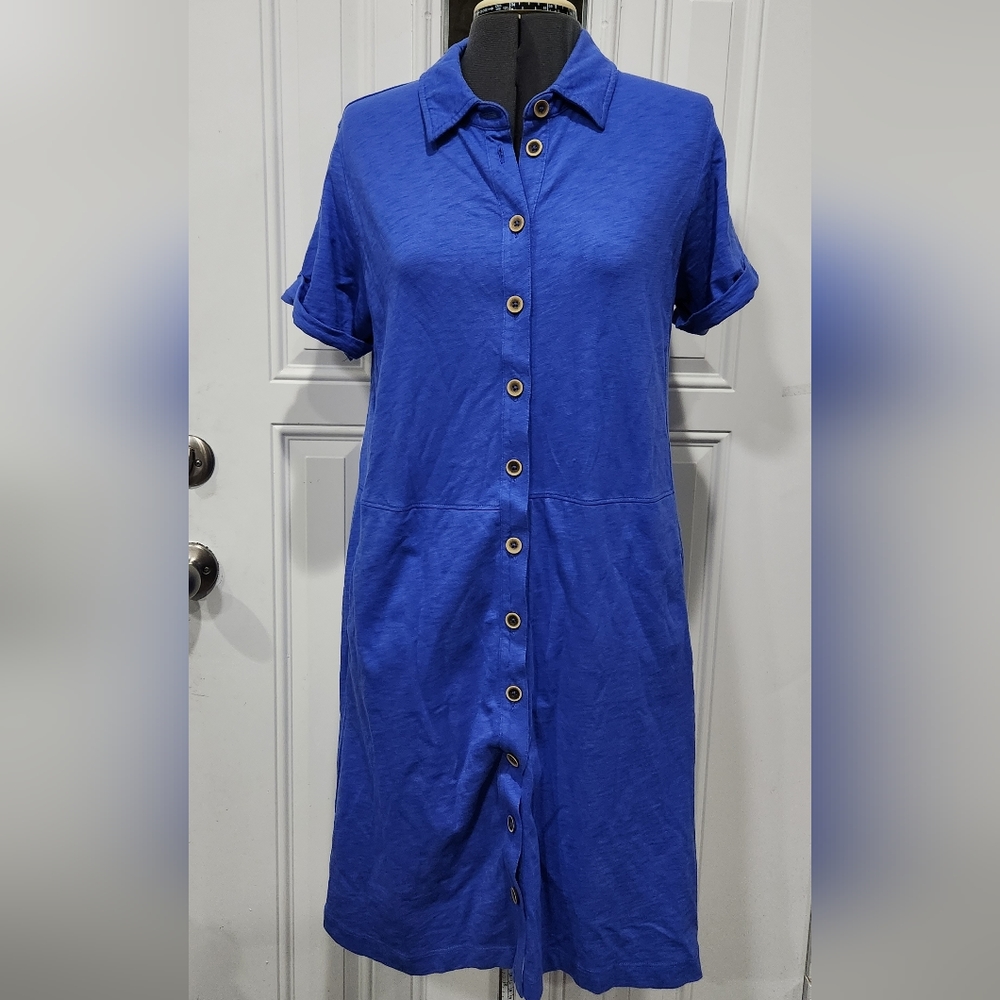 Soft Surroundings blue button down dress 100% cotton women's size Medium petite